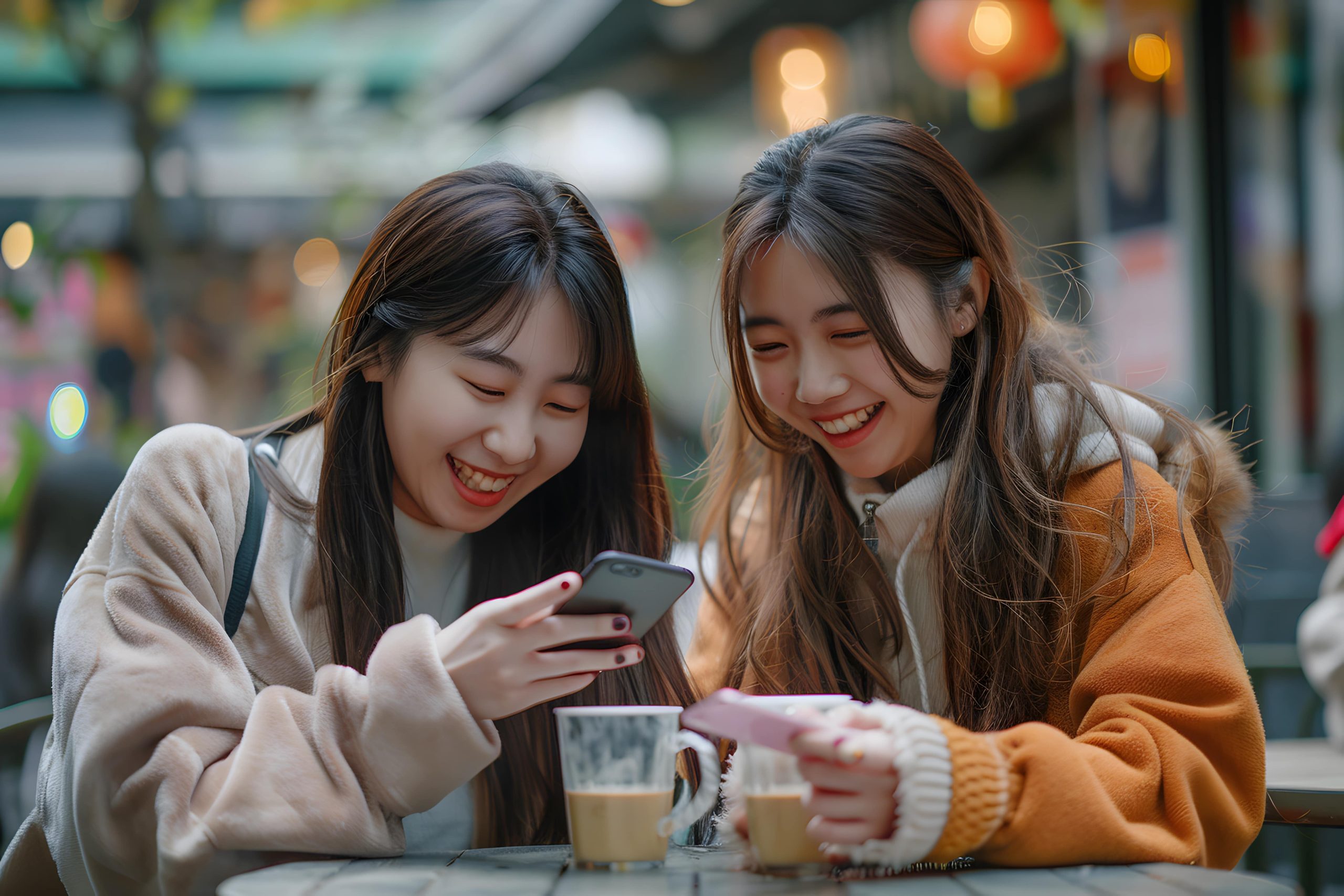 cheerful-asian-young-women-sitting-cafe-drinking-coffee-with-friends-talking-together-min